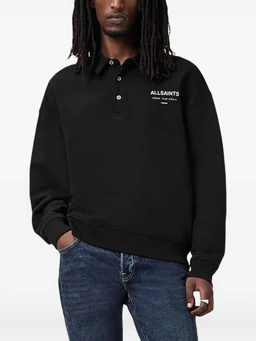 AllSaints Underground logo-print polo shirt | Black | Image 1