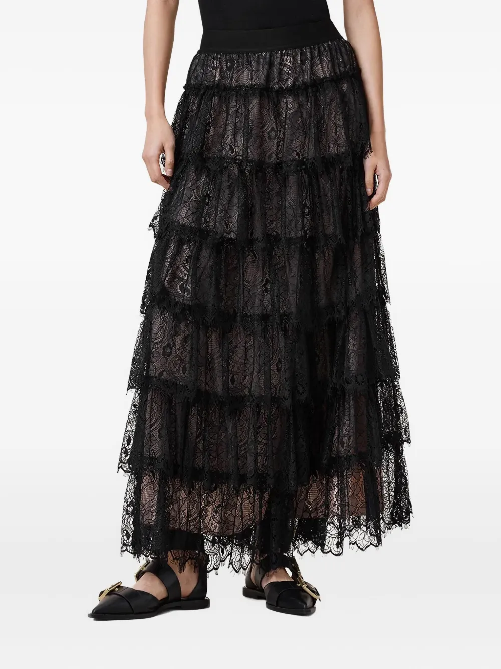 AllSaints Rory gelaagde maxi-rok met kant Zwart