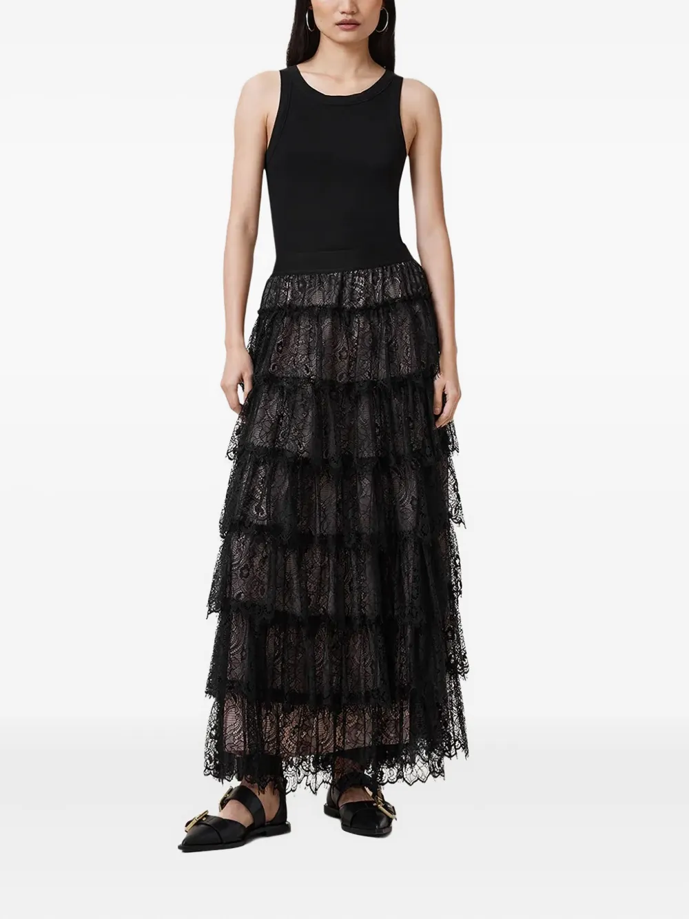 AllSaints Rory gelaagde maxi-rok met kant Zwart