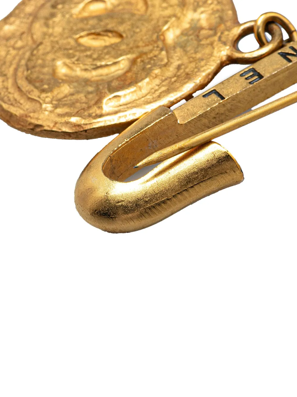 Pre-owned Chanel 1994 Gold Plated Cc Medallion Safety Pin Brooch Costume Brooch