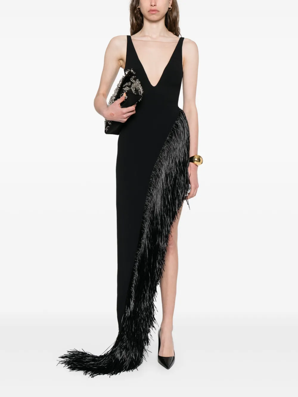 David Koma fringed cady gown - Zwart