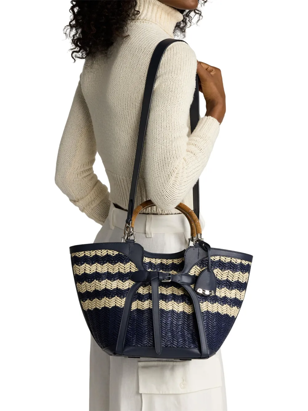 Ralph Lauren Collection Medium Ralph gevlochten raffia shopper Blauw