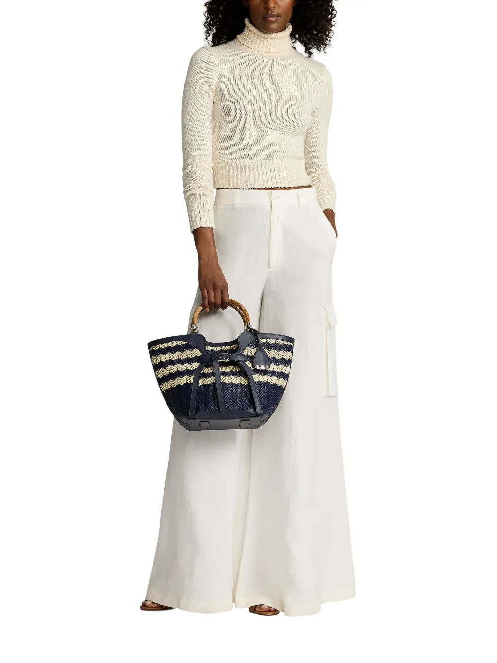 Ralph Lauren Collection Medium Ralph gevlochten raffia shopper Blauw