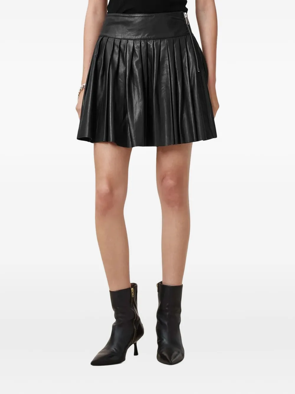Allsaints Pleated Leather Zip Skirt In Black