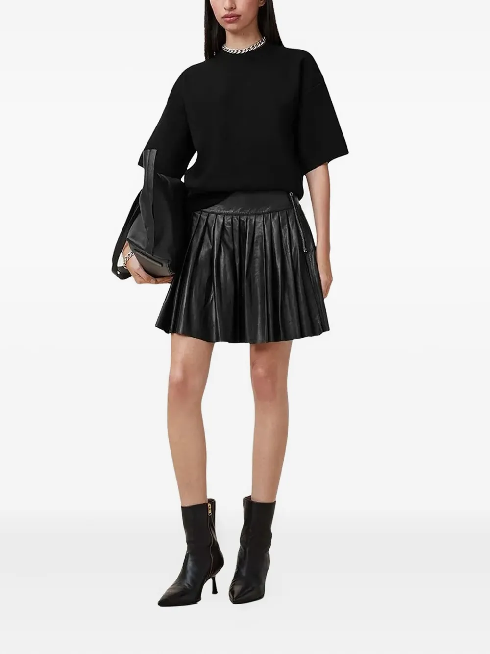 AllSaints Leren rok met rits en plooien - Zwart