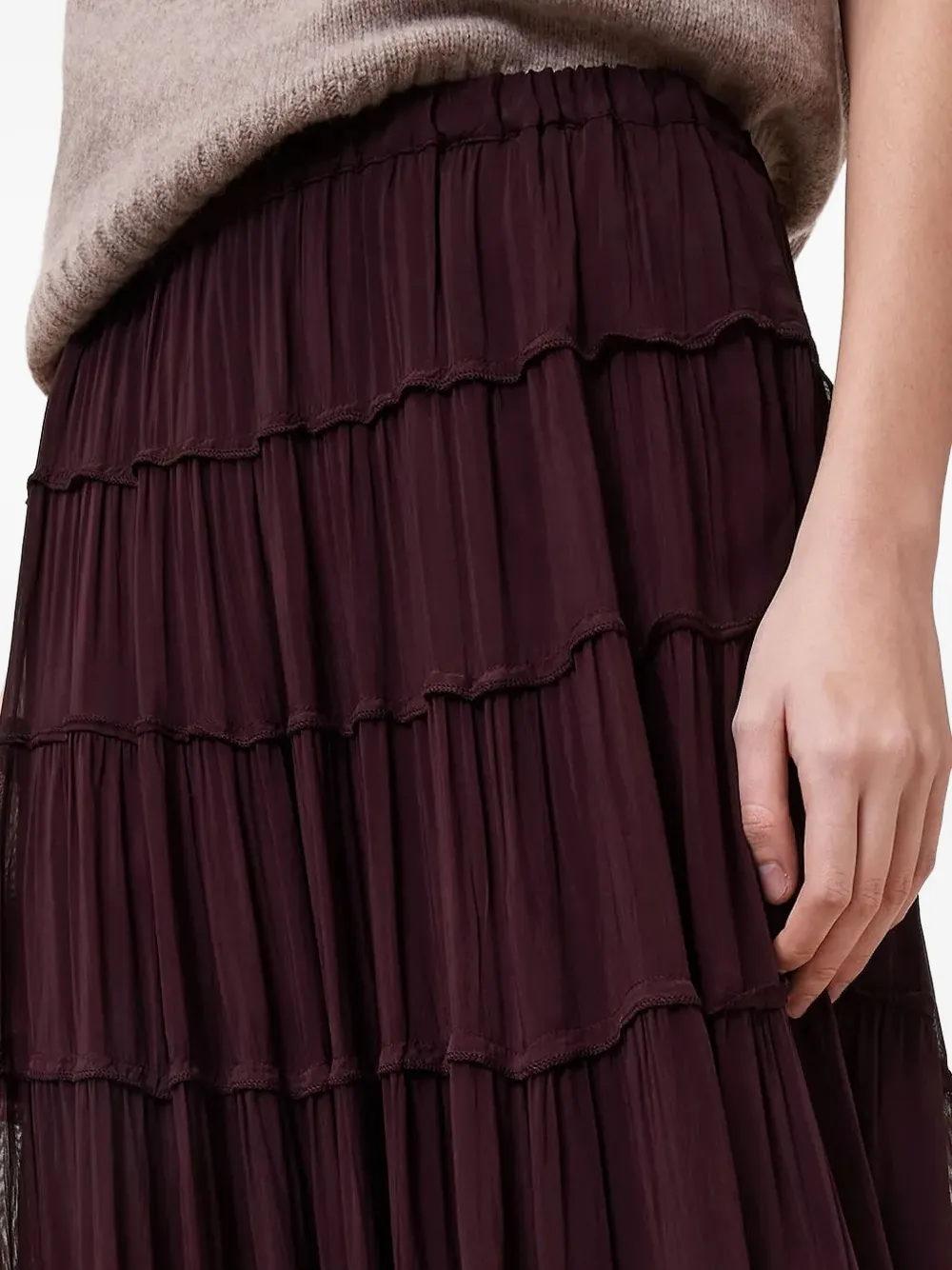 AllSaints Eva gelaagde maxi-rok met ruches Bruin