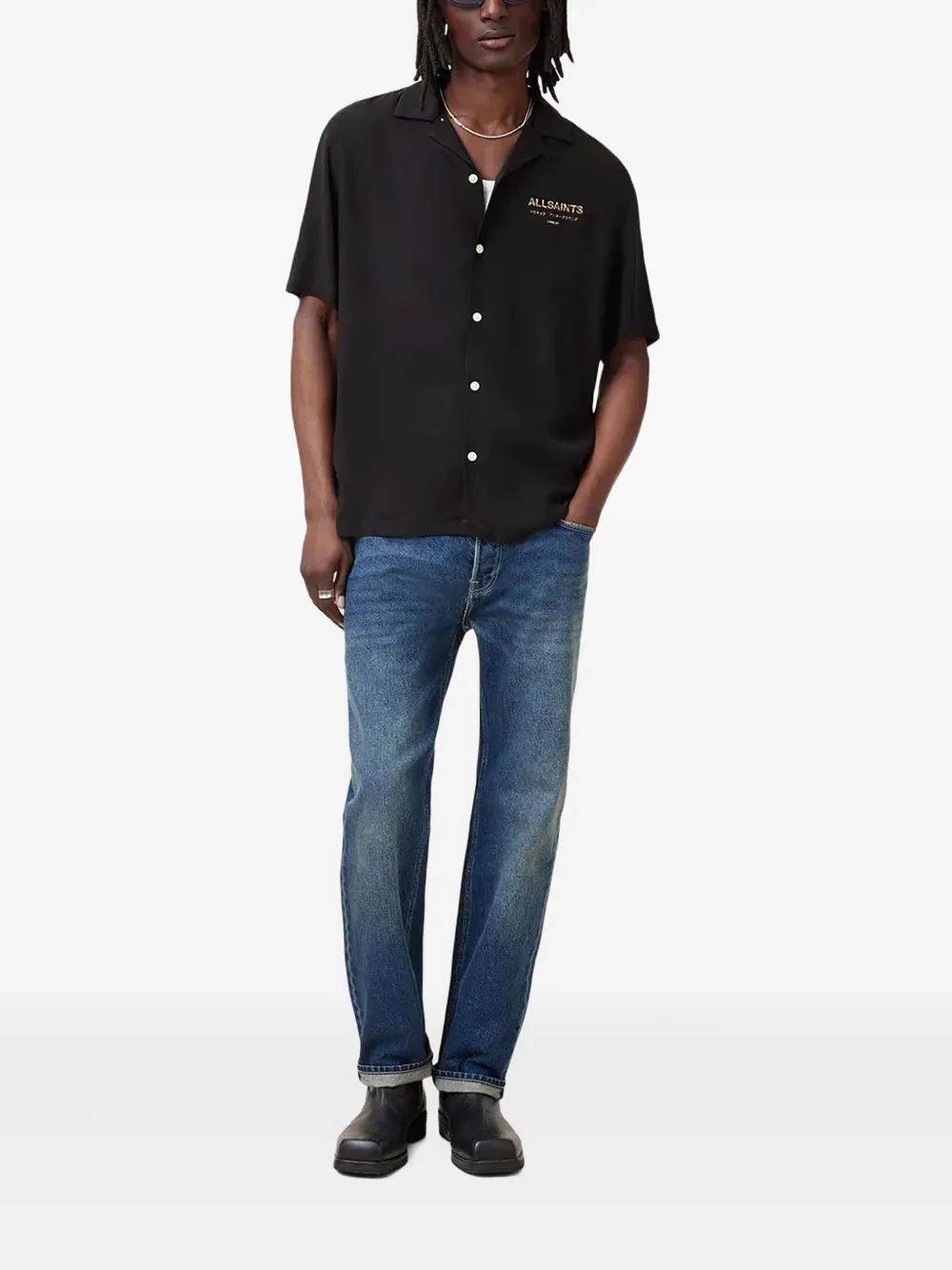 AllSaints Overhemd met slangenhuidprint en open kraag Zwart