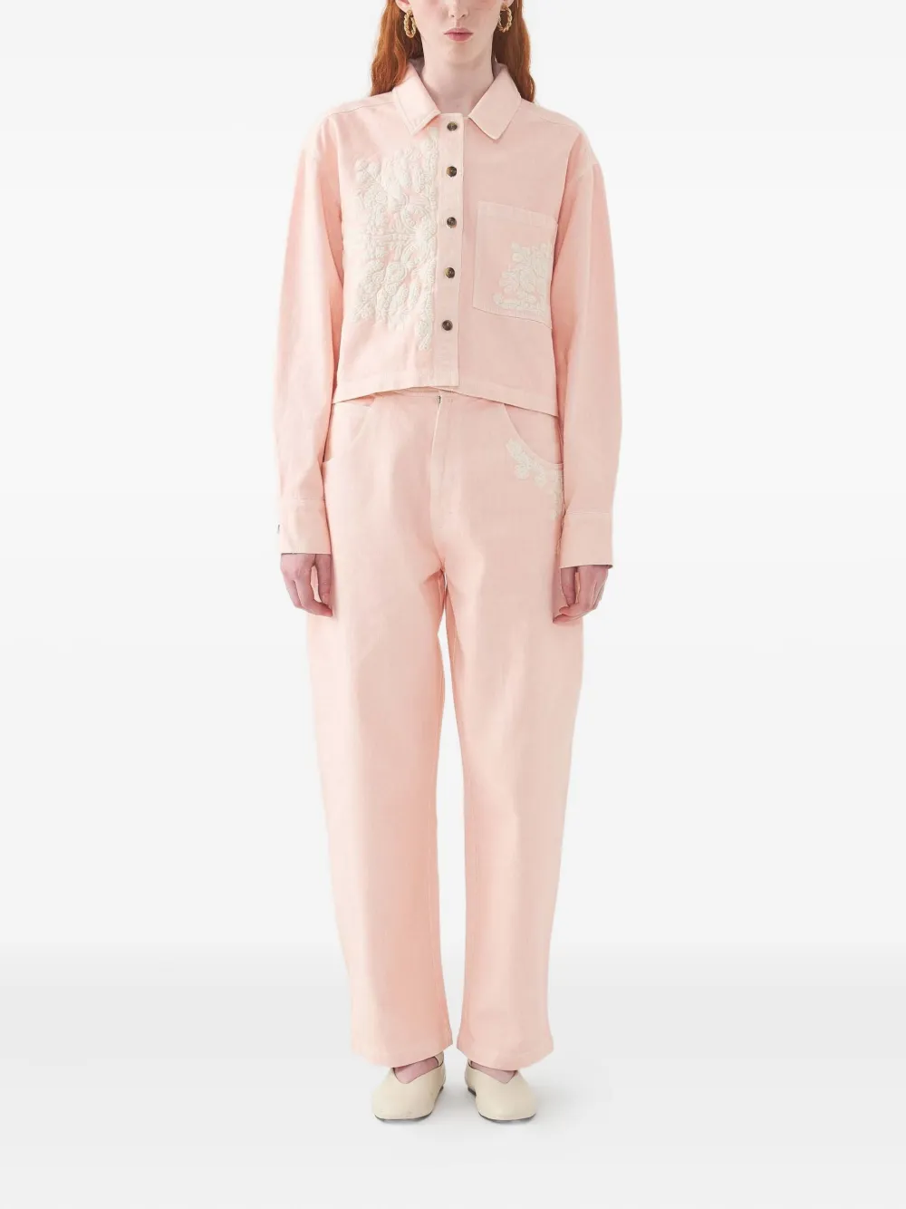 Antik Batik Floral-embroidered Cropped Jacket In Pink