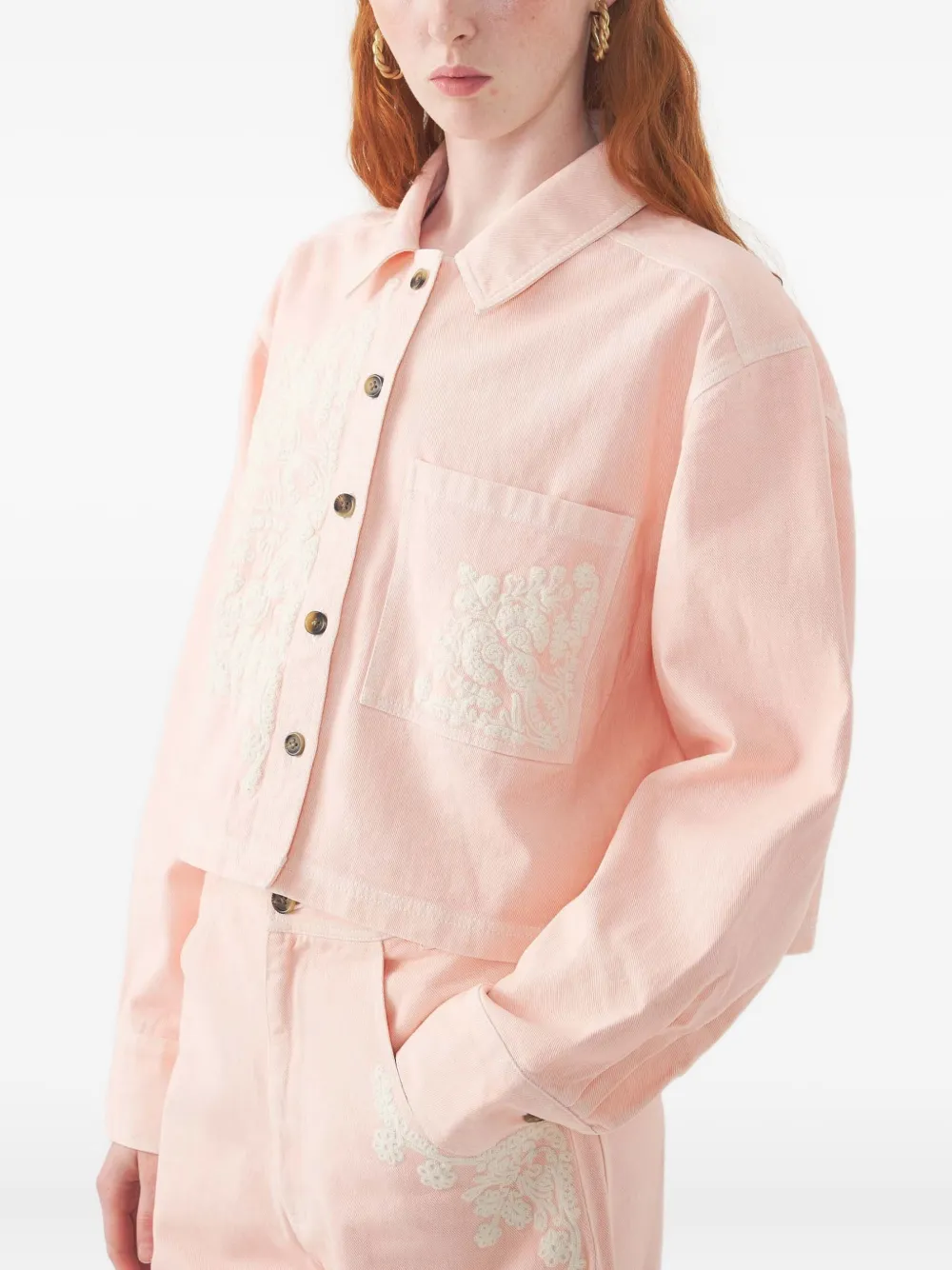 Antik Batik Floral-embroidered Cropped Jacket In Pink