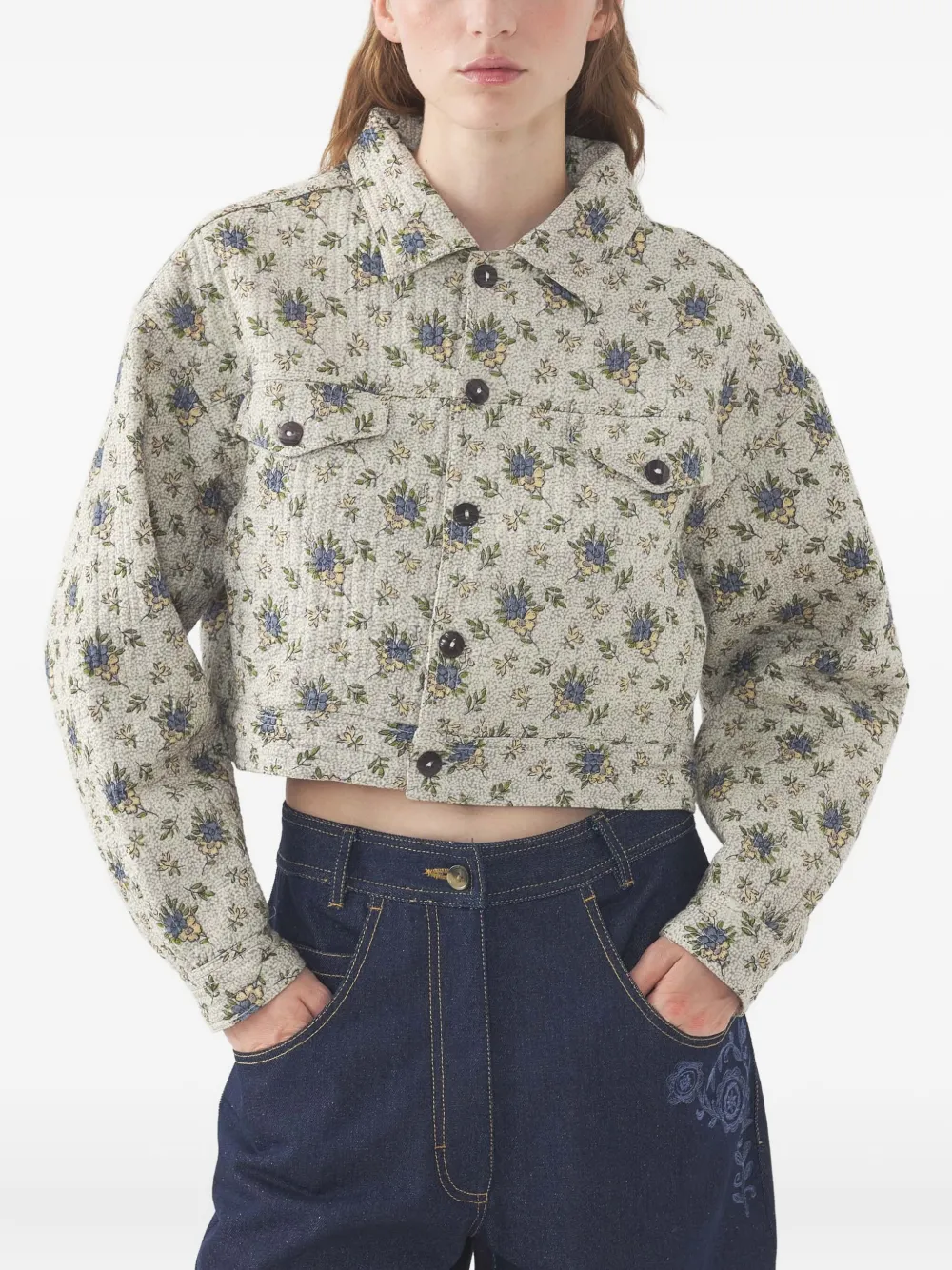 Antik Batik Floral-print Cropped Jacket In Green