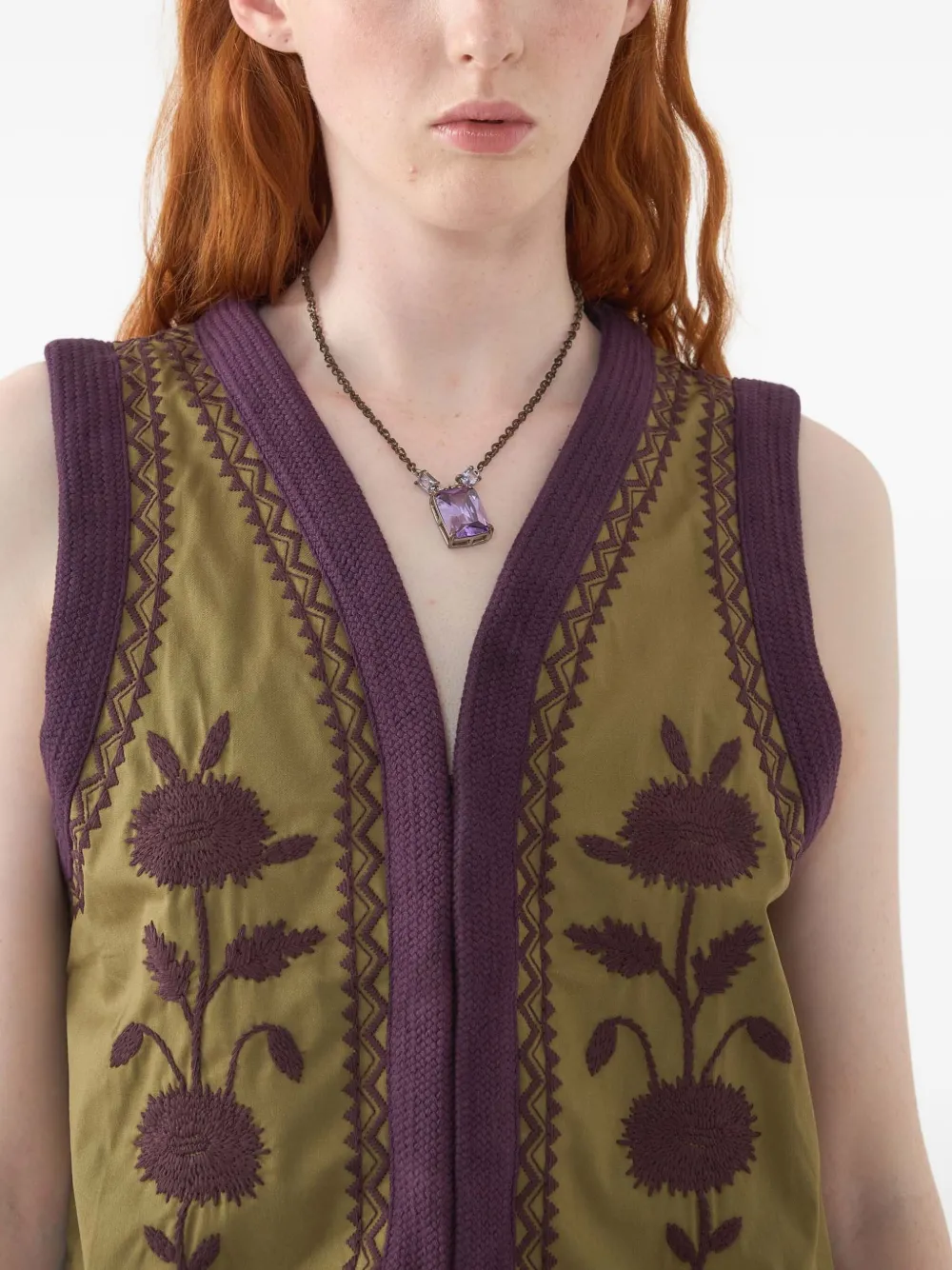 Antik Batik Top met geborduurde bloemen Groen