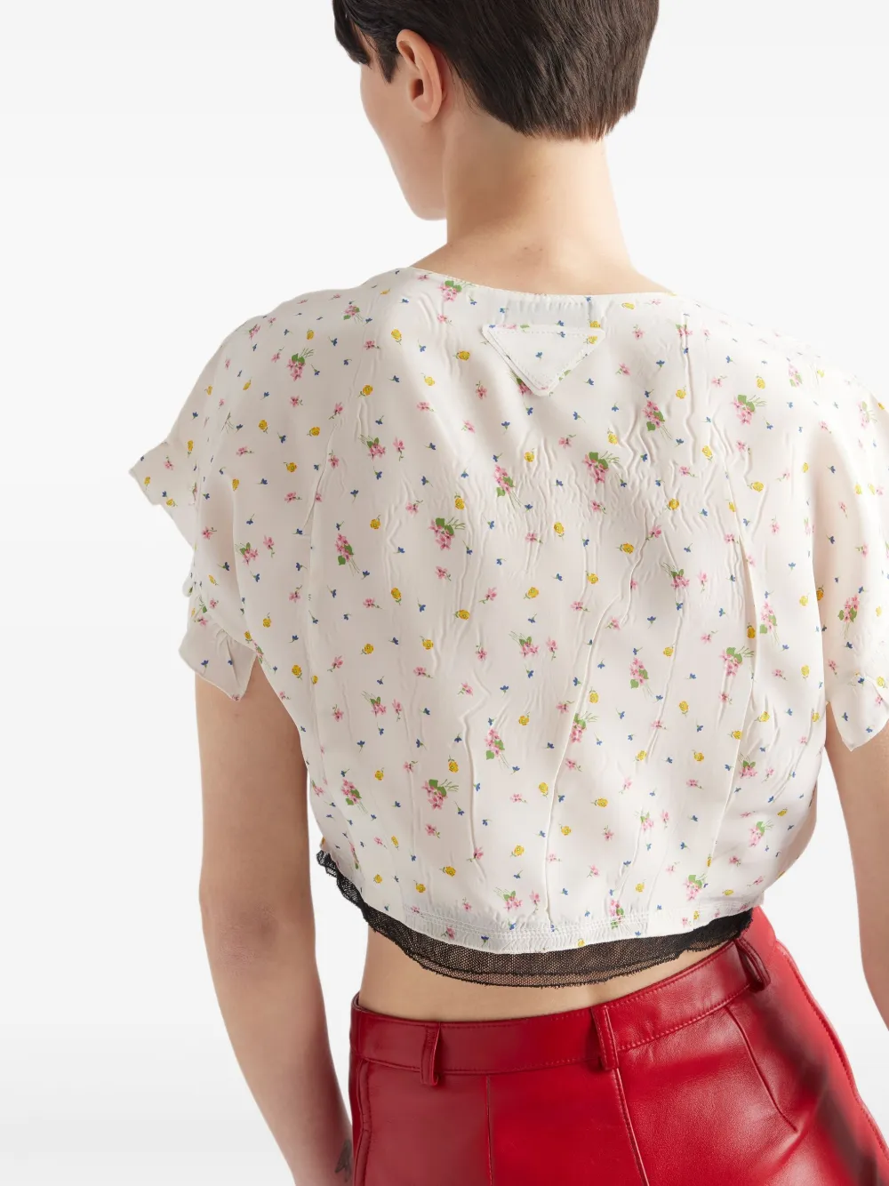Prada Womens White Floral-print Cropped Silk-blend Top