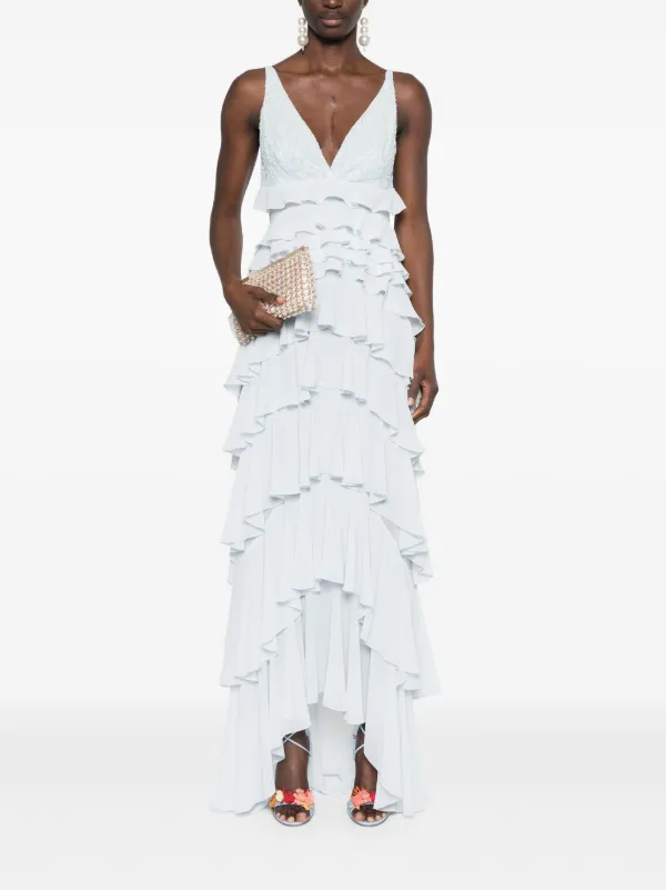 Elisabetta Franchi Georgette Tiered Gown | Blue | FARFETCH