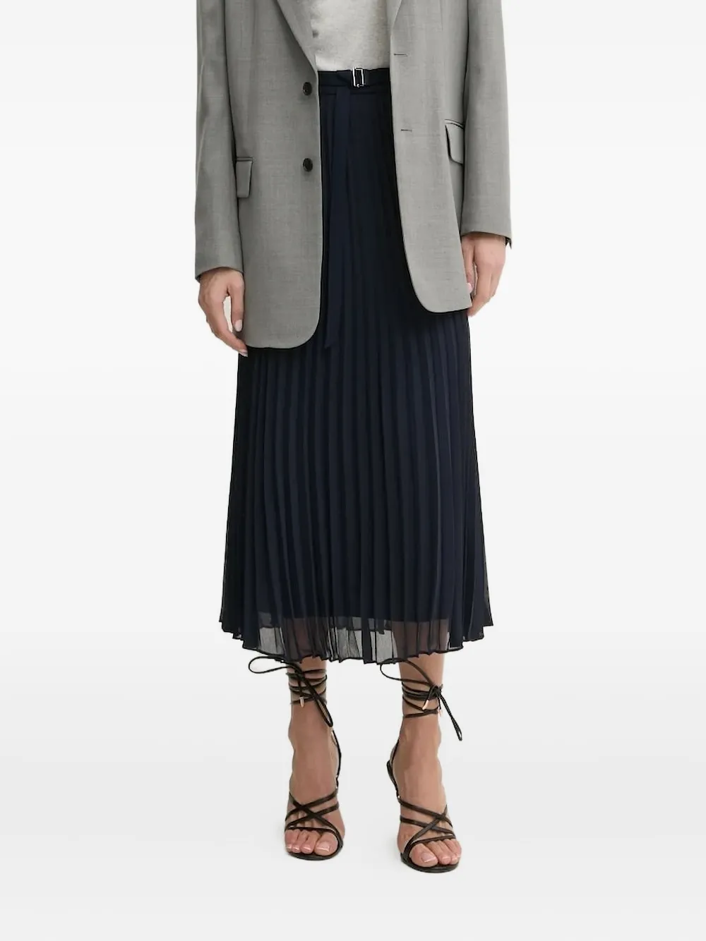 Hugo Boss Pleated Belted Midi Skirt In Blue