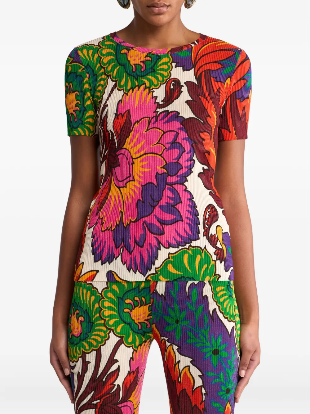 Etro Ribbed T-shirt With Multicoloured Floral Print In Neutrals