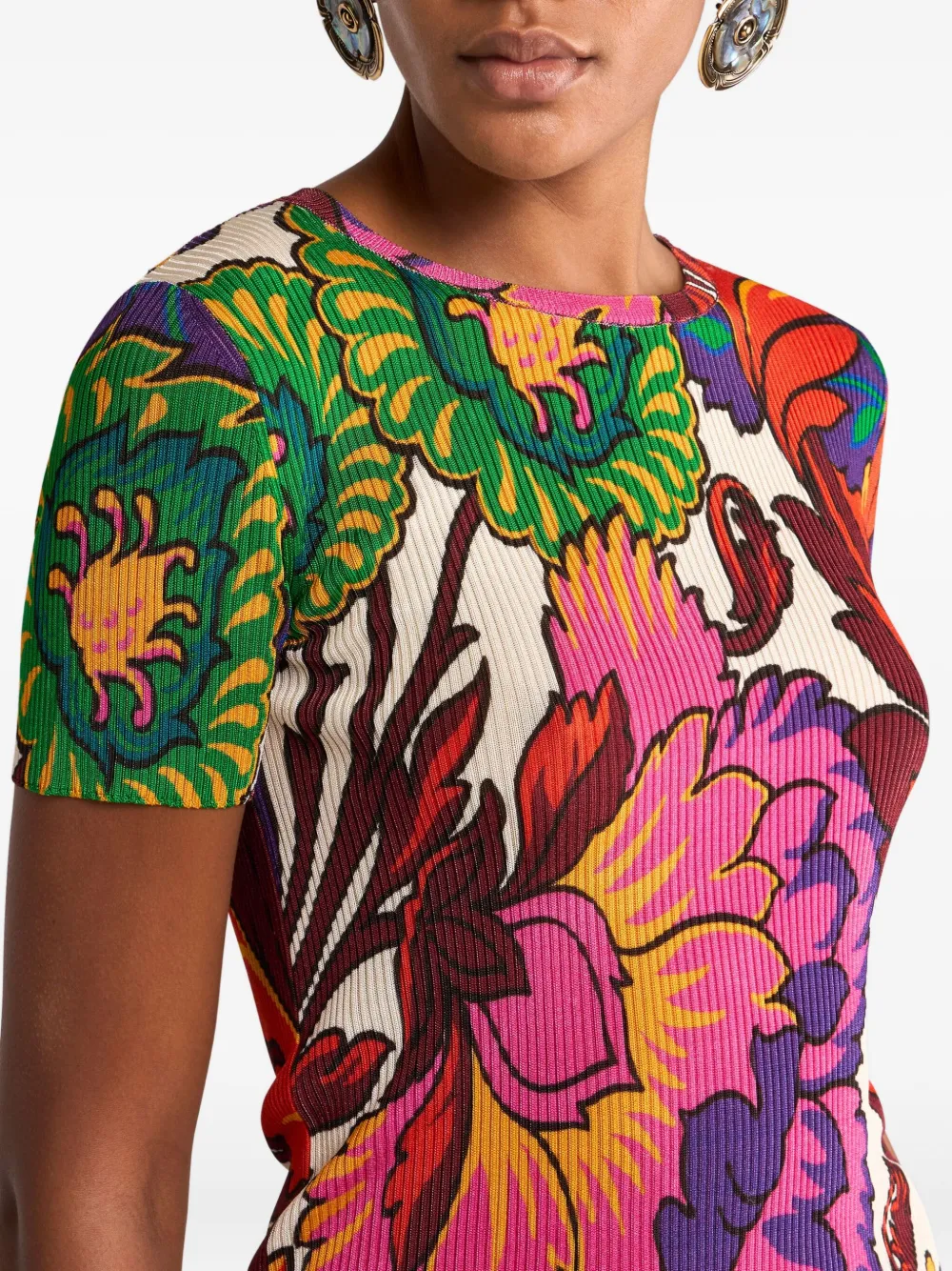 Etro Ribbed T-shirt With Multicoloured Floral Print In Neutrals