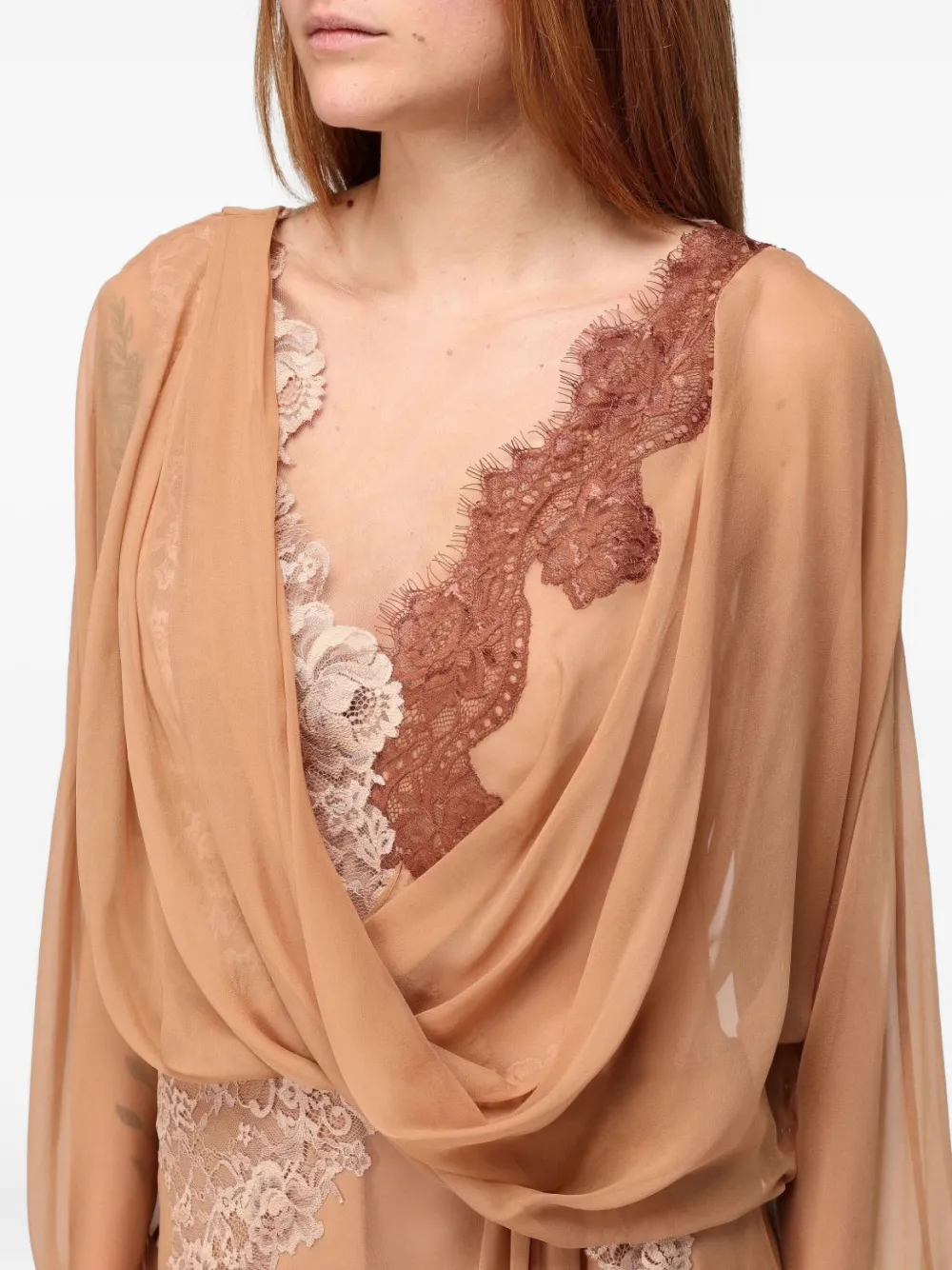 Alberta Ferretti Lace-insert Draped Maxi Dress In Neutral