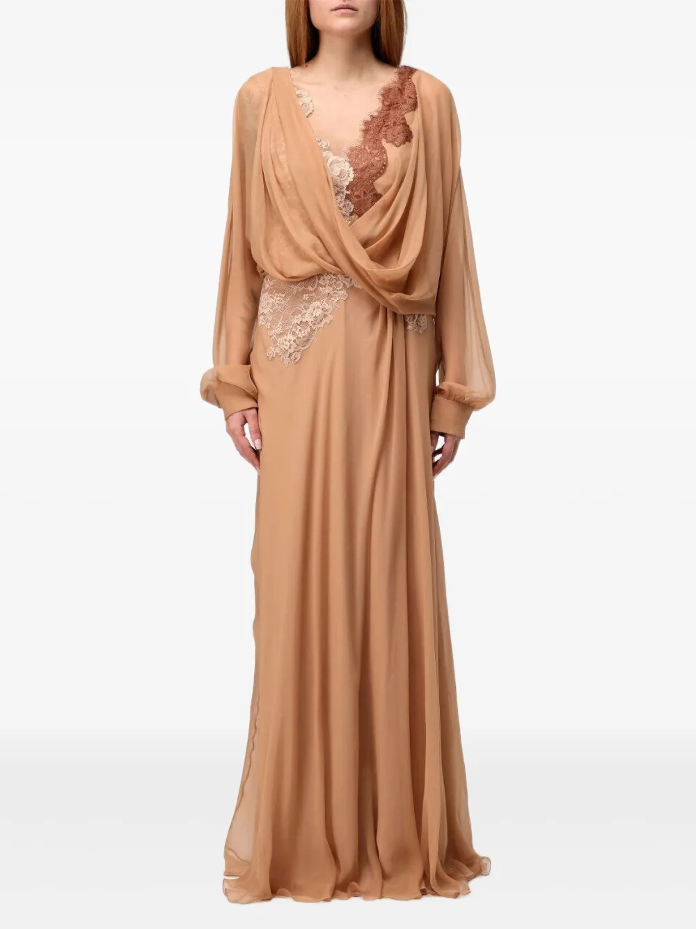 Alberta Ferretti lace-insert draped maxi dress Beige