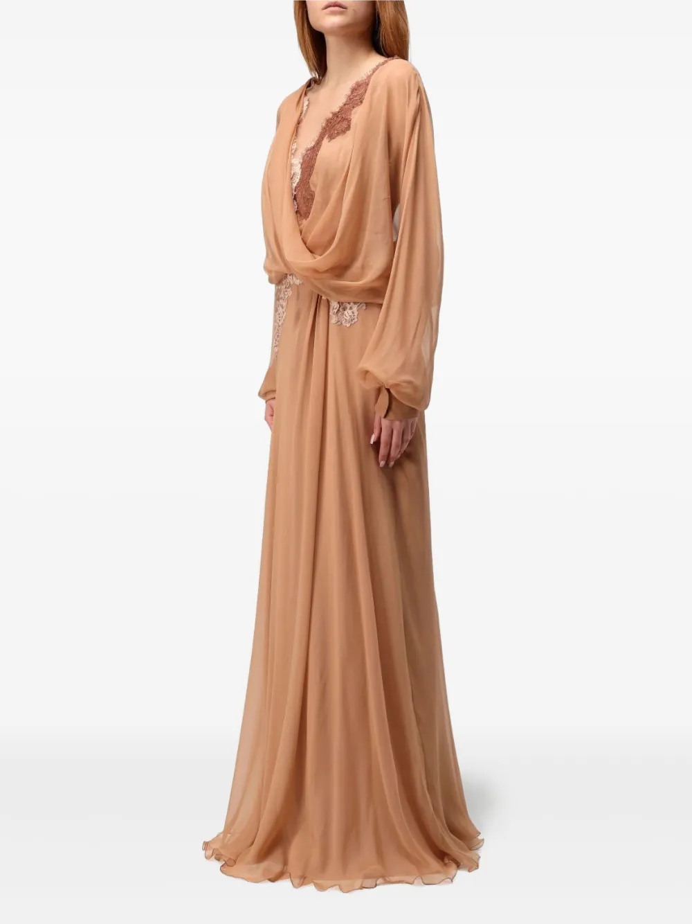 Alberta Ferretti Lace-insert Draped Maxi Dress In Neutral