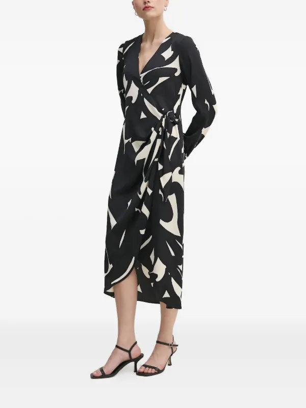 Dkny Abstract-Print Wrap Dress - Black