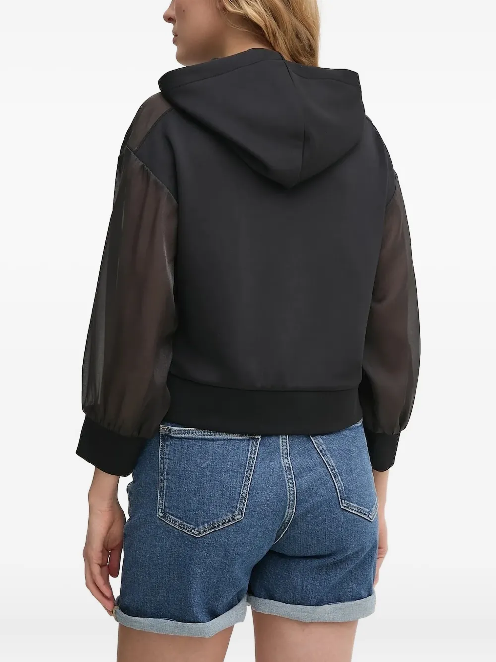 DKNY sheer-sleeve hooded top Zwart
