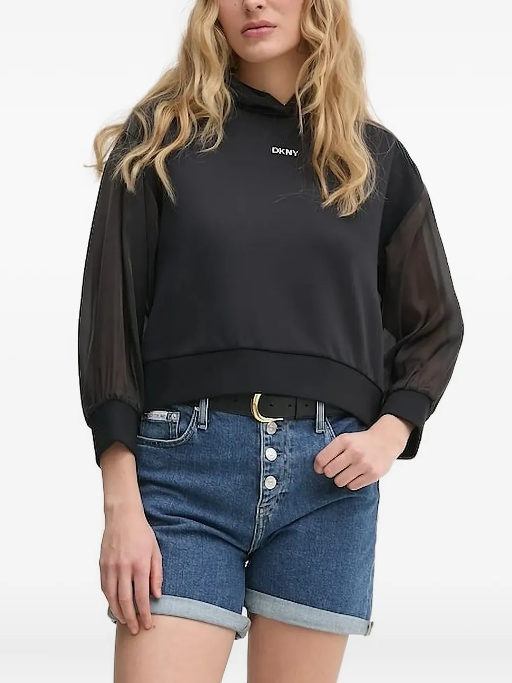 DKNY sheer-sleeve hooded top Zwart