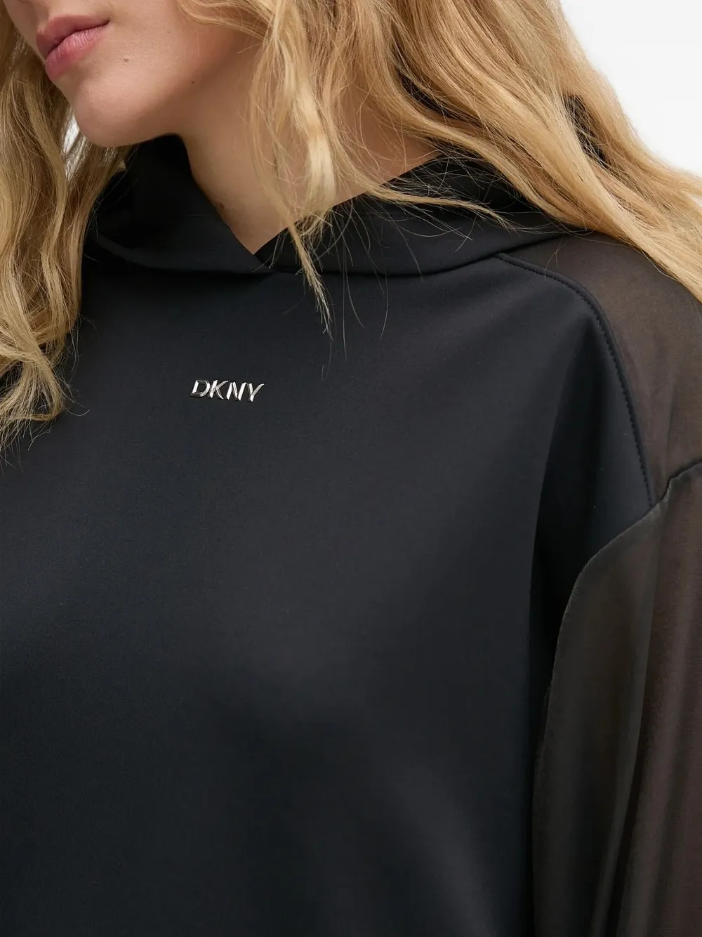 DKNY sheer-sleeve hooded top Zwart
