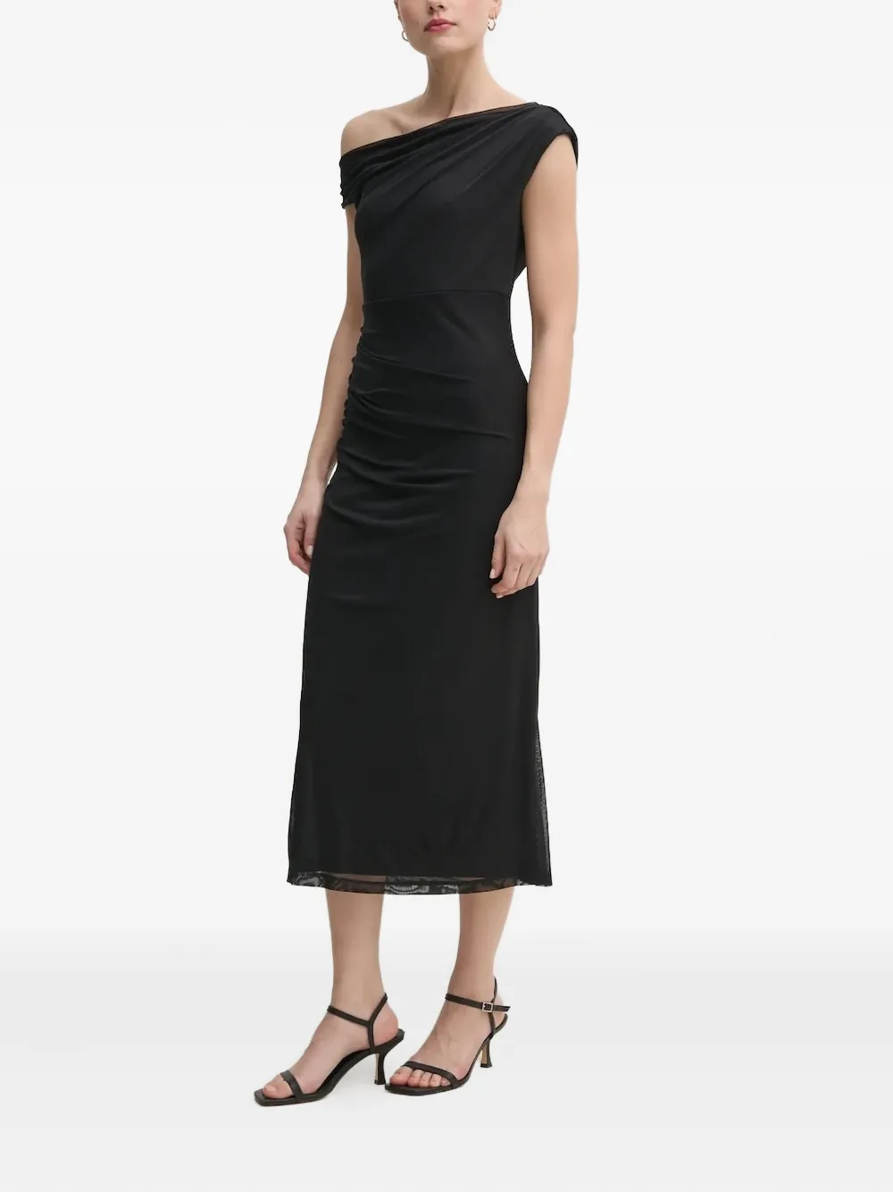 DKNY draped one-shoulder midi dress Zwart