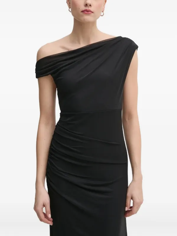 dkny one shoulder dress Donna Karan Women's Floral One-Shoulder Sheath Dress in Cream/Black Multi White, Size 14