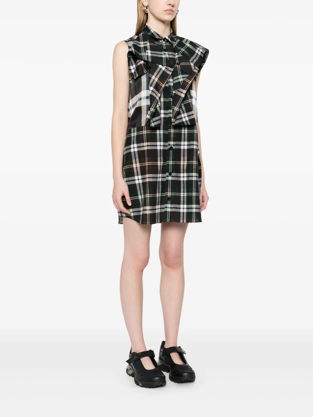 Shop Sacai Checked Mini Dress In Green