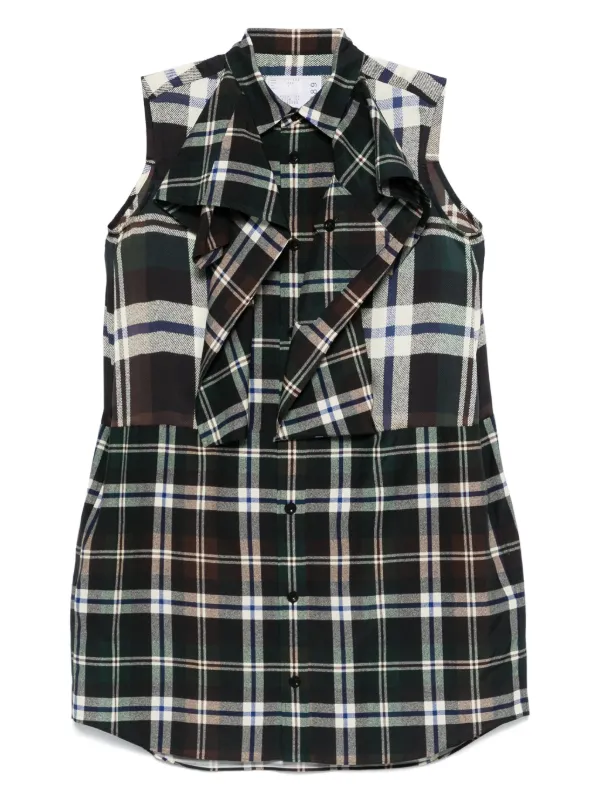 sacai ニットフロントプリーツバック　2 グレンチェックノースリーブトップス Sacai チェック ミニドレス | グリーン | FARFETCH JP