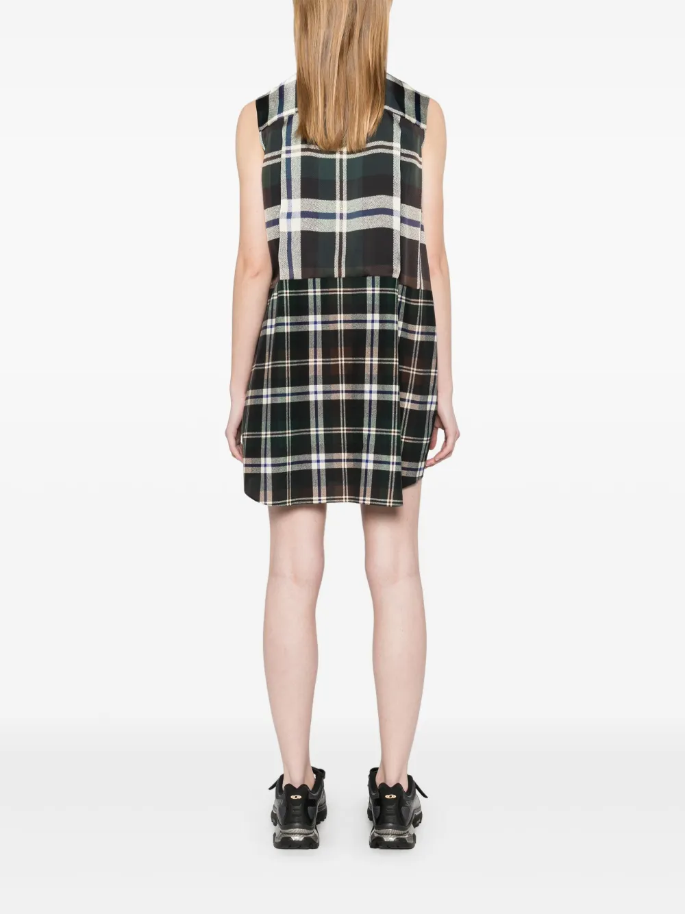 Shop Sacai Checked Mini Dress In Green