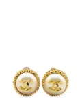 CHANEL Pre-Owned 1970-1980 Gold Plated CC Faux Pearl Clip on Earrings costume earrings - White
