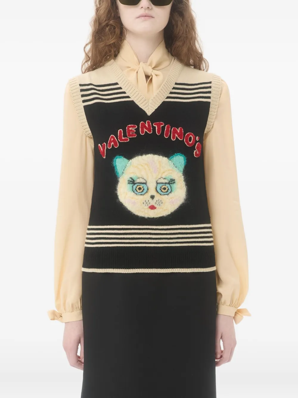 Valentino Garavani Top met kattenpatroon en gestreept detail Zwart