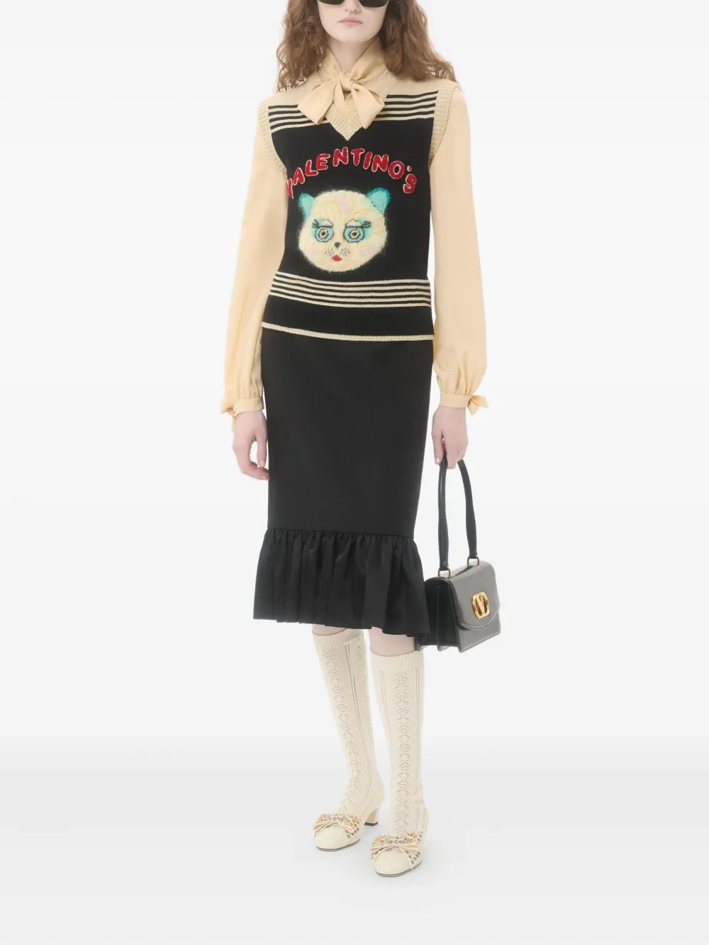 Valentino Garavani Top met kattenpatroon en gestreept detail Zwart