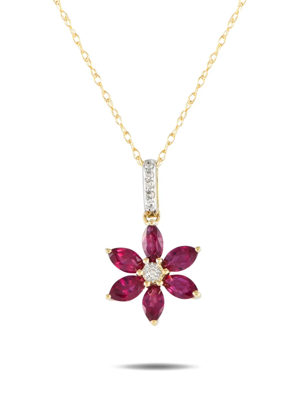 Pre-owned Lb Exclusive 14k Yellow Gold Fower Diamond And Ruby Necklace In 金色