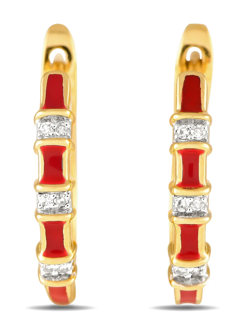14K yellow gold diamond and red enamel earrings