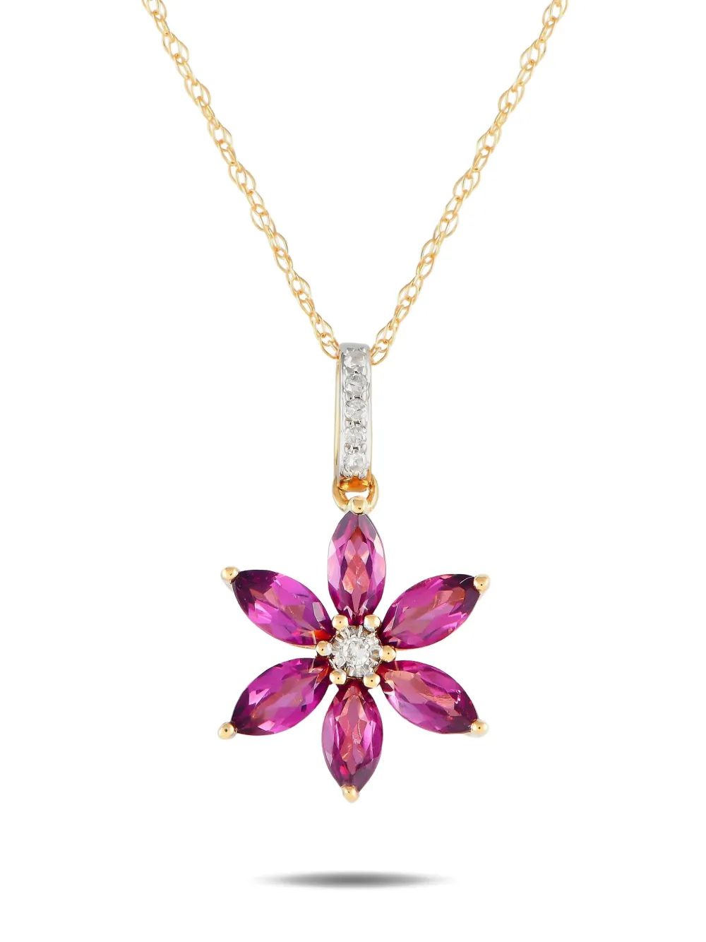 LB Exclusive Collana Flower in oro giallo 14 carati con diamanti e rodolite