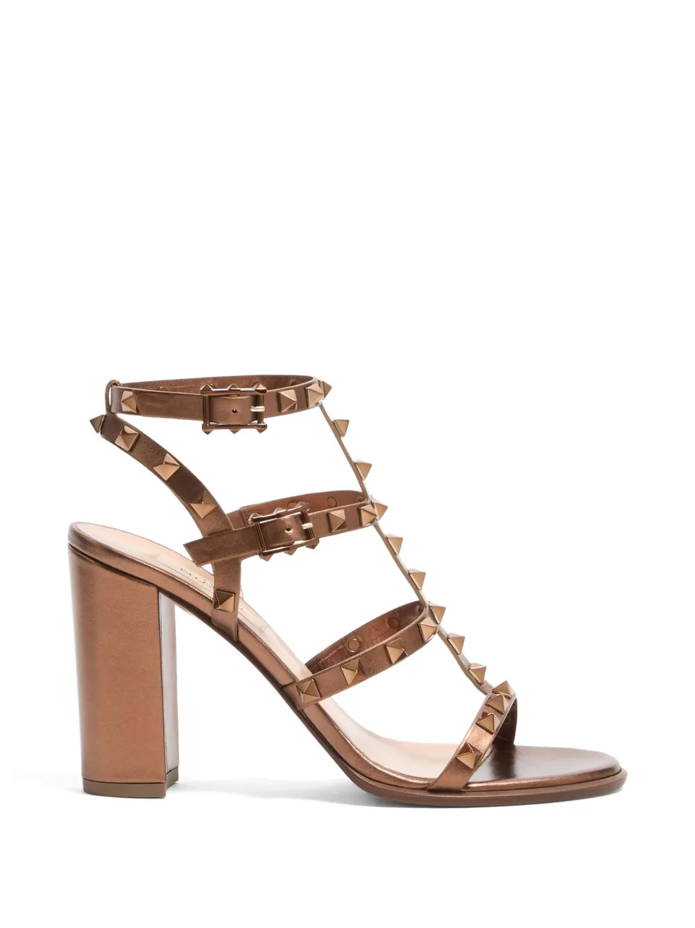 Valentino Garavani ROCKSTUD METALLIC CALFSKIN LEATHER ANKLE STRAP SANDAL 90 MM - Marrone
