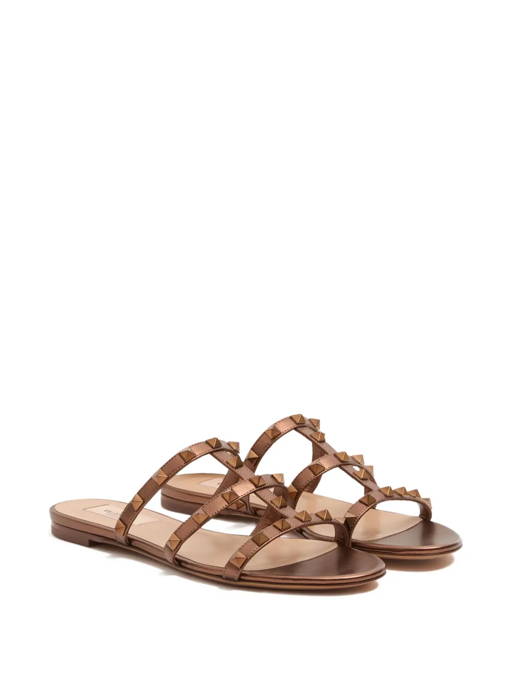 Valentino Garavani Rockstud Flat Metallic Nappa Slide Sandal Brown