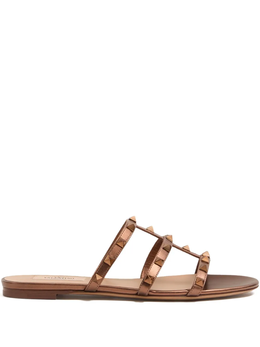 Valentino Garavani Rockstud Flat Metallic Nappa Slide Sandal Brown
