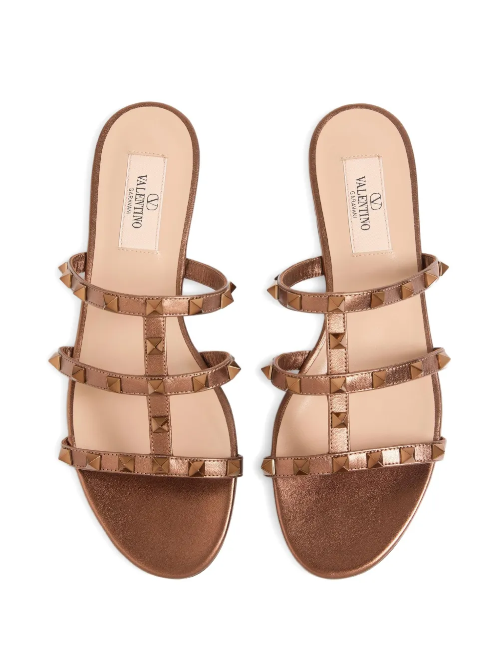 Valentino Garavani Rockstud Flat Metallic Nappa Slide Sandal Brown