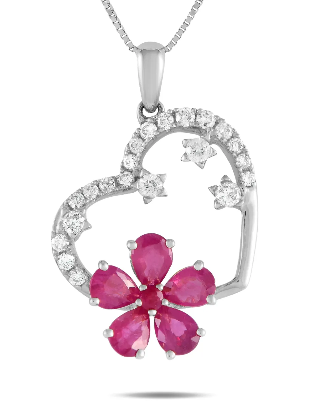 Pre-owned Lb Exclusive 14k White Gold Heart And Flower Diamond And Ruby Necklace In Silver