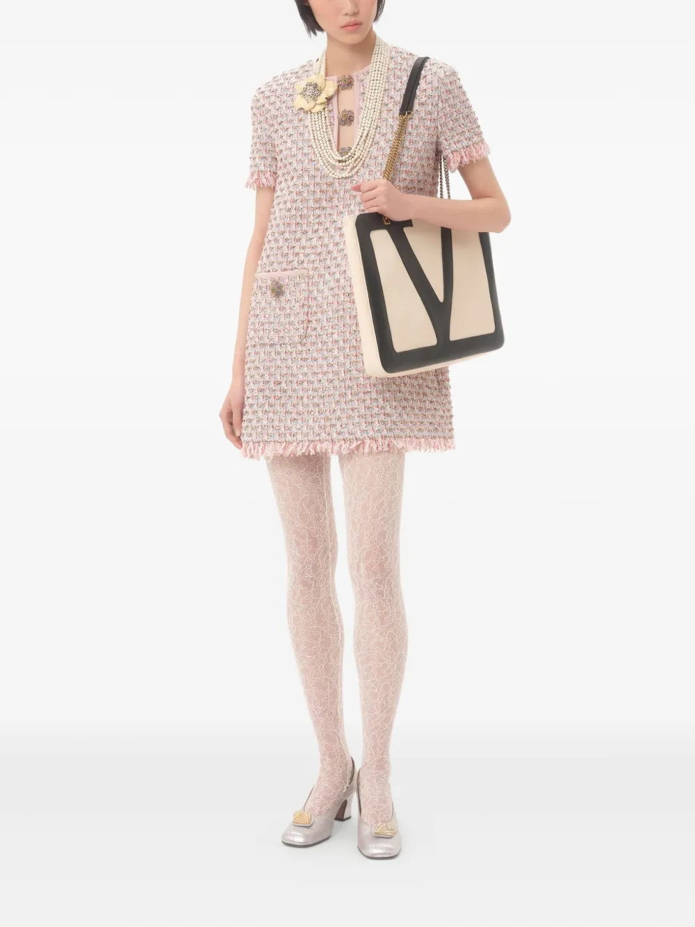 Valentino Garavani EMBROIDERED RIBBON TWEED SHORT DRESS - Roze