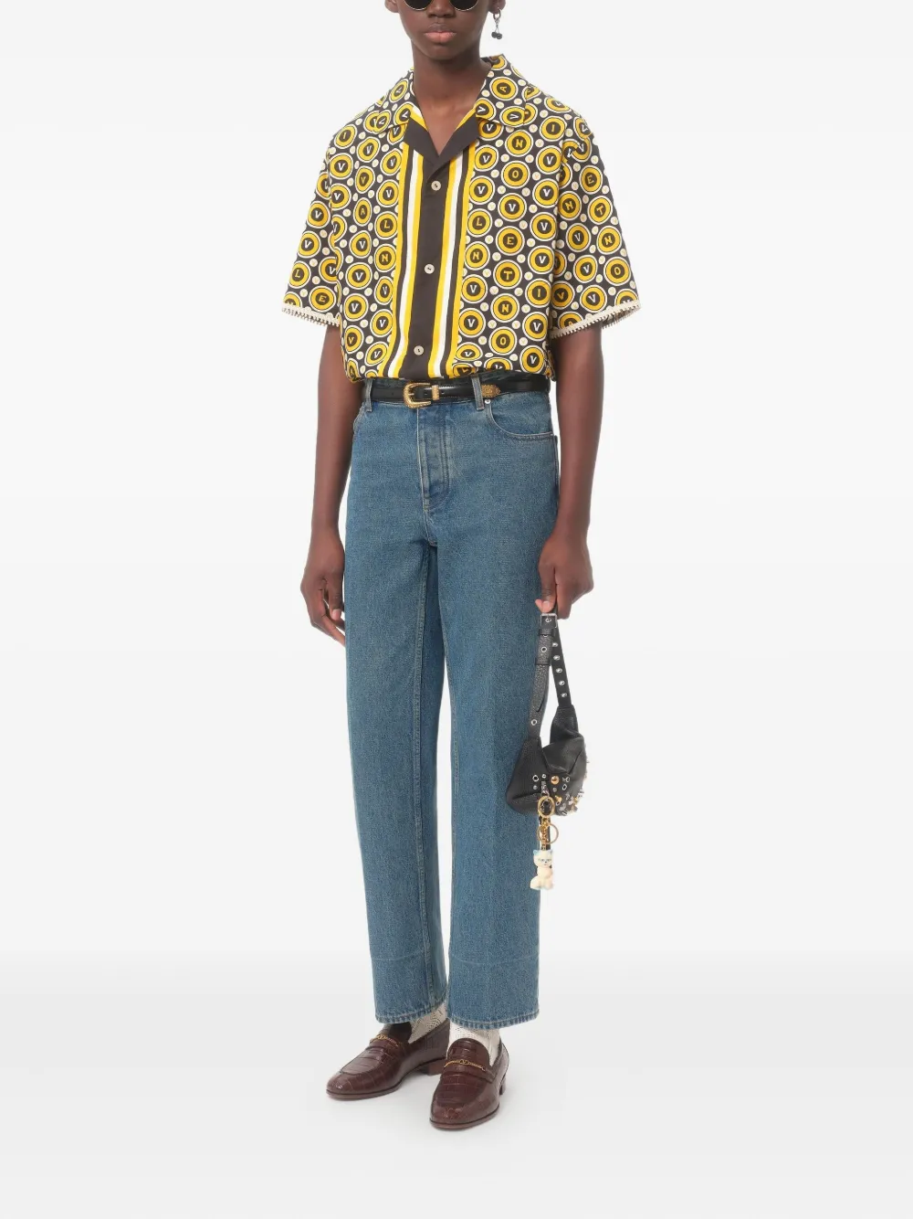 Valentino Garavani COTTON POPLIN BOWLING SHIRT WITH BULLES ROYALES PRINT - Geel