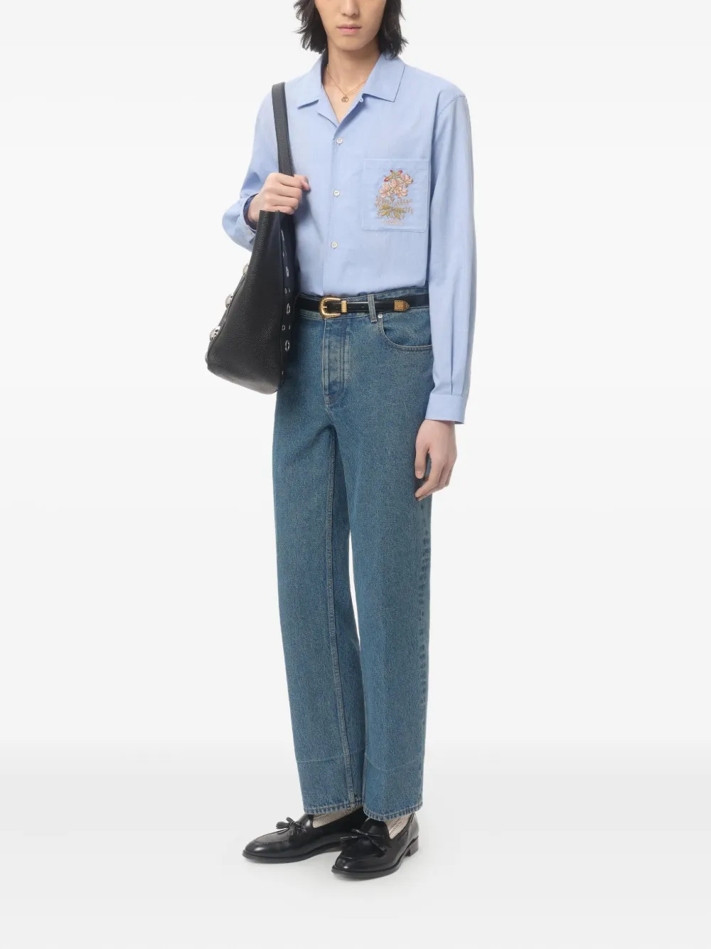 Valentino Garavani OXFORD COTTON SHIRT WITH FLORAL EMBROIDERY - Blauw