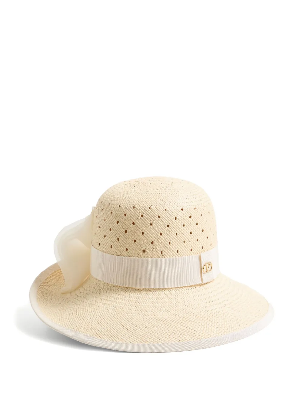 Valentino Vlogo Signature Hat In Perforated Panama With Organza Bow