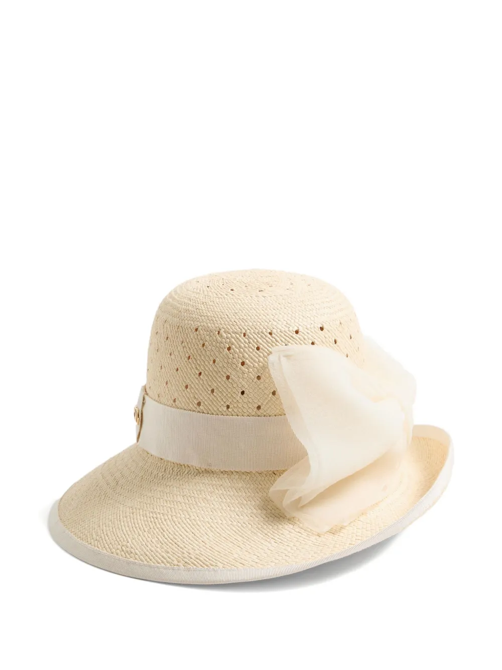 Valentino Garavani Vlogo Signature Hat In Perforated Panama With Organza Bow