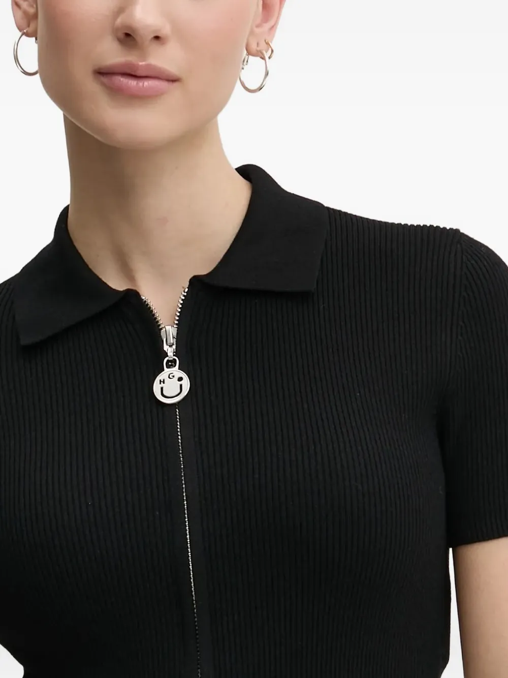 Hugo Boss Zip-front Ribbed Knit Top In Black