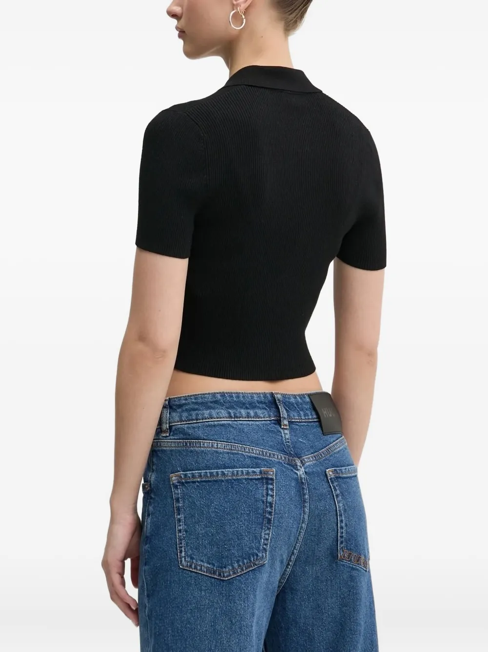 Hugo Boss Zip-front Ribbed Knit Top In Black
